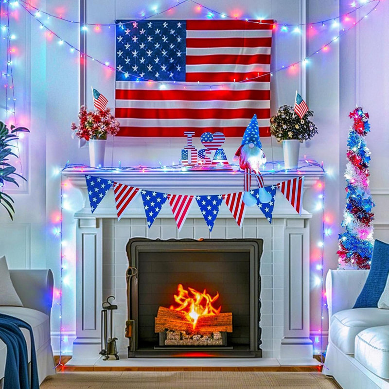 4Th Of July Decorations Lights Outdoor 600 LED Red White And Blue Lights Plug In 8 Modes Patriotic Lights For American Holiday Tree Party